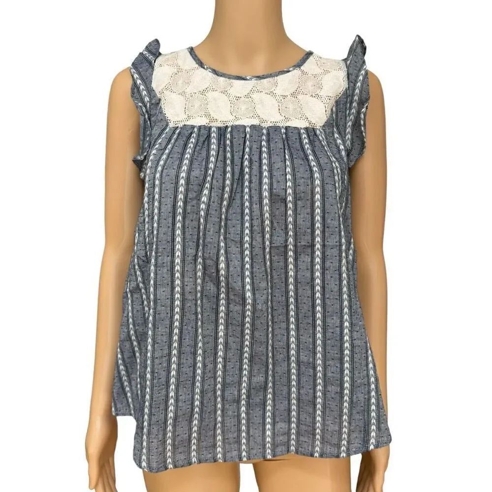 Doe & Rae cotton striped lace blouse ruffle short sleeve size M NWT